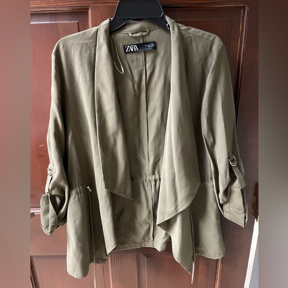 Zara Open Front Roll Sleeve Blazer Womens Size L Olive Green Jacket Lightweight